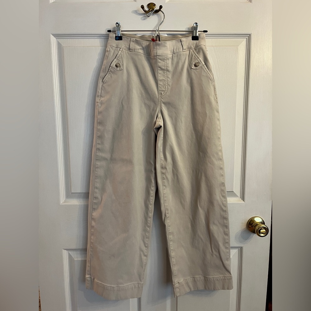 Spanx Stretch Twill Cropped Wide Leg Beige Khaki Pants Medium